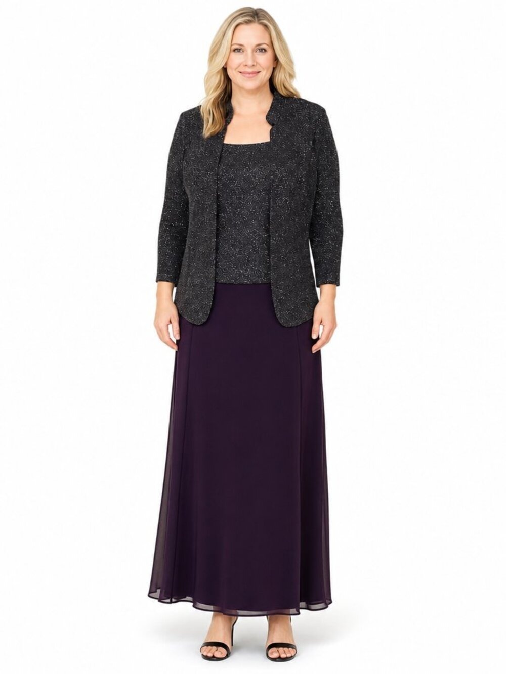 Alex Evenings Midnight Blue Glitter Formal Gown Jacket Set Size 16